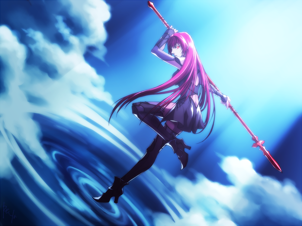 1girl bodysuit fate/grand_order fate_(series) gae_bolg leila_(lalan) long_hair polearm purple_hair red_eyes scathach_(fate/grand_order) solo spear standing standing_on_water weapon