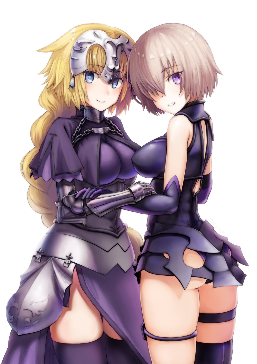 2girls armor armored_dress ass bare_shoulders black_dress blonde_hair blue_eyes braid breasts capelet cleavage dress elbow_gloves fate/grand_order fate_(series) faulds garutaisa gauntlets gloves hair_over_one_eye hand_on_another's_arm headpiece highres large_breasts leg_garter long_hair looking_at_viewer multiple_girls purple_dress purple_hair ruler_(fate/apocrypha) shielder_(fate/grand_order) short_hair simple_background single_braid smile thigh-highs very_long_hair violet_eyes white_background zettai_ryouiki