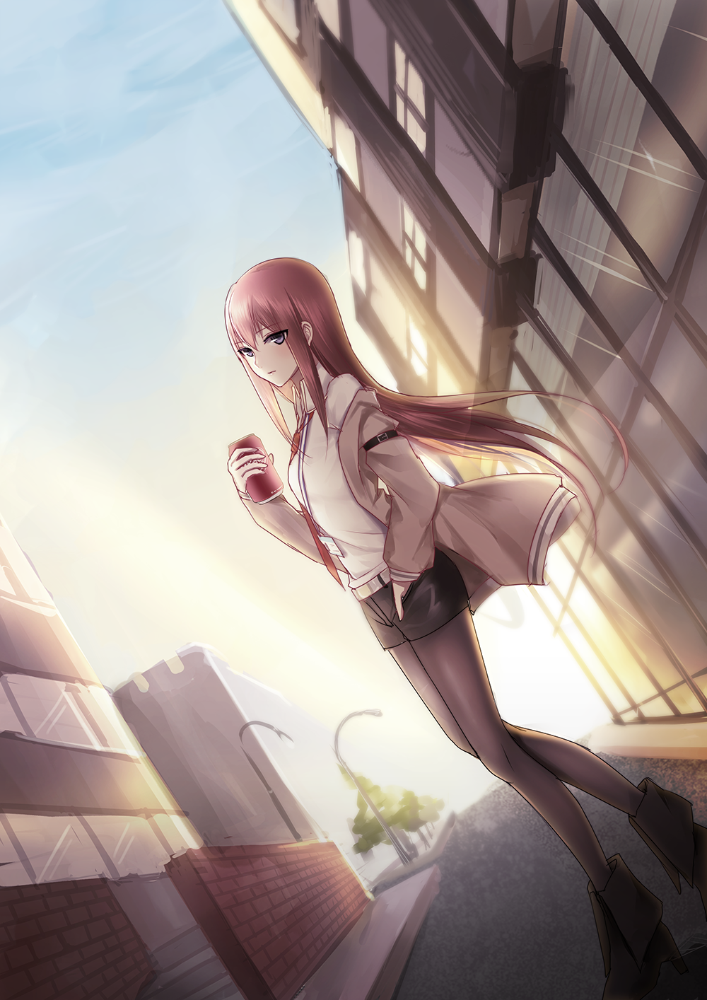 1girl ankle_boots belt black_legwear blush boots brick_wall brown_boots brown_jacket building collarbone dutch_angle expressionless hand_in_pocket highres holding jacket lamppost long_hair long_sleeves makise_kurisu meaomao name_tag necktie off_shoulder open_clothes open_jacket pantyhose pocket red_necktie redhead road shirt shorts sidelocks soda_can solo stairs steins;gate street town very_long_hair violet_eyes white_shirt window