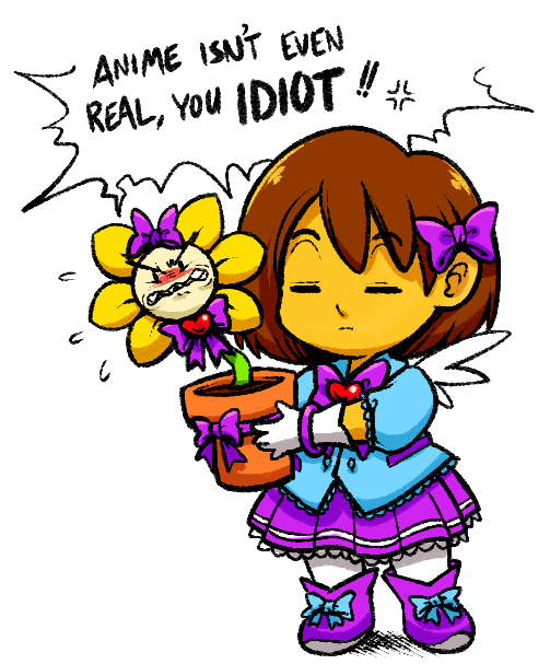 androgynous anger_vein annoyed blush brown_hair closed_eyes costume devicho english flower flowey_(undertale) frilled_shirt frilled_skirt frills frisk_(undertale) gloves heart holding plant potted_plant ribbon skirt spoken_anger_vein undertale white_background wings