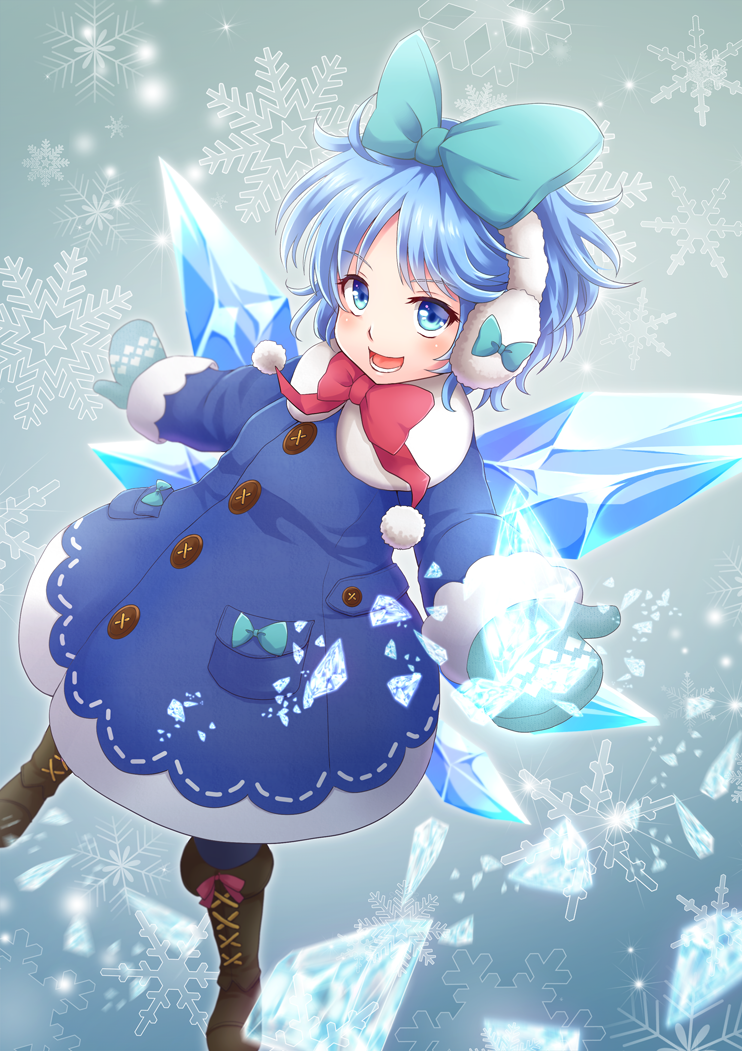1girl :d adapted_costume ahoge bangs blue_bow blue_eyes blue_hair blue_legwear boots bow broken buttons cirno coat cross-laced_footwear earmuffs eyebrows eyebrows_visible_through_hair hair_bow ice ice_wings lace-up_boots legs_apart long_sleeves looking_at_viewer messy_hair mitsucho mittens open_mouth outstretched_arms pantyhose pom_pom_(clothes) red_bow short_hair smile snowflakes solo stitches teeth touhou wings winter_clothes