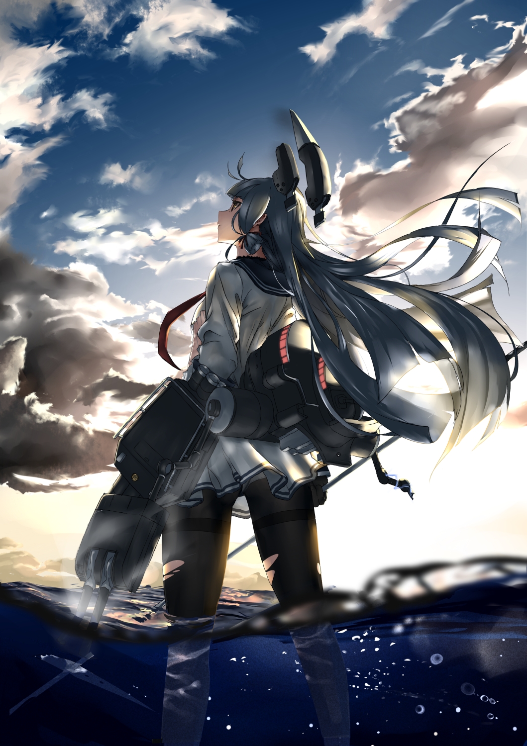 1girl air_bubble antenna_hair backlighting black_legwear blue_sky brown_eyes clouds crotch_seam floating_hair from_behind headgear highres kantai_collection long_sleeves looking_up machinery murakumo_(kantai_collection) necktie ocean panties panties_under_pantyhose pantyhose pleated_skirt red_necktie reflection sailor_collar school_uniform serafuku shirt silver_hair skirt sky solo standing steam sun sunlight sunset thighband_pantyhose torn_clothes torn_pantyhose tsuuhan underwear wading water white_shirt white_skirt wind