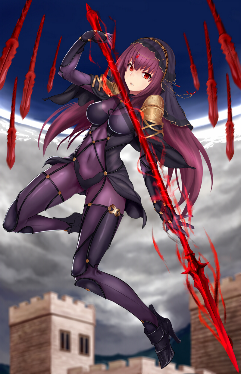 1girl bangs between_breasts bodysuit building circlet clouds covered_navel fate/grand_order fate_(series) full_body gae_bolg gem gloves high_heels highres holding_weapon jilllxlxl long_hair looking_at_viewer outdoors panties parted_lips polearm purple_hair scathach_(fate/grand_order) sky solo spaulders spear thigh-highs tower underwear very_long_hair weapon
