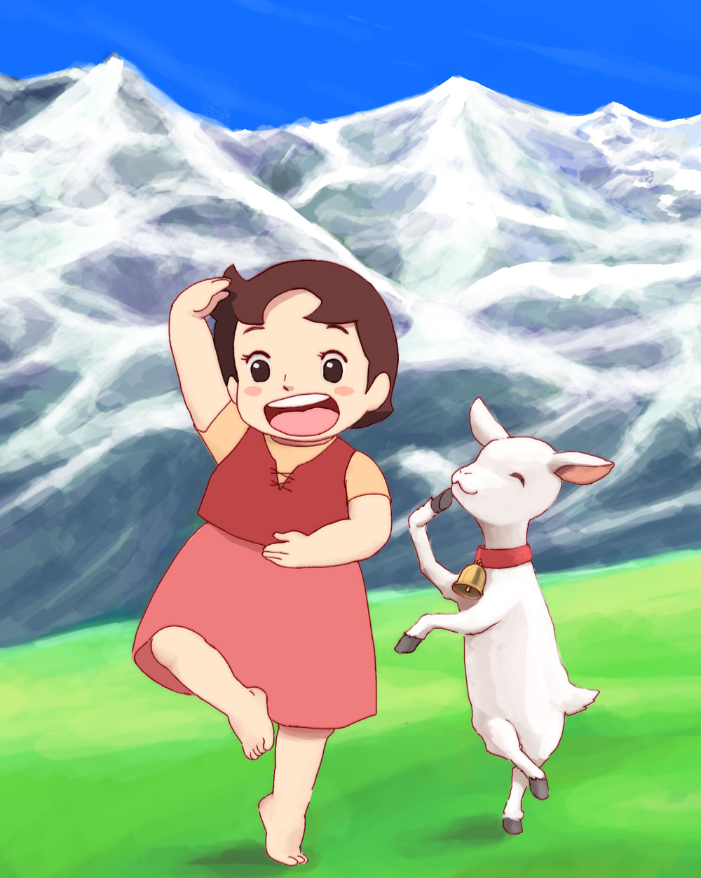 1girl 1other :d alps_no_shoujo_heidi animal arm_up barefoot bell blush_stickers child cute dancing dress goat heidi highres human lafolie mountain nippon_animation open_mouth outdoors pose sheeeh! short_hair smile standing_on_one_leg teeth very_short_hair