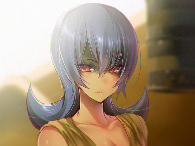 1girl akira_(natsumemo) blue_hair blurry breasts cleavage collarbone depth_of_field expressionless long_hair looking_at_viewer natsume_(pokemon) pokemon pokemon_(game) pokemon_hgss red_eyes shaded_face solo upper_body