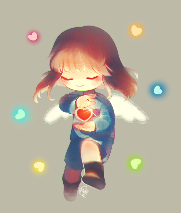 androgynous blush_stickers brown_hair closed_eyes frisk_(undertale) glowing grey_background hanybe heart shirt shorts signature smile solo striped striped_shirt tagme undertale wings