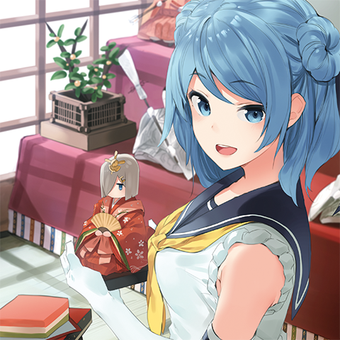 1girl :d altar artist_request bare_shoulders blue_eyes blue_hair book carrying character_doll double_bun elbow_gloves gloves hamakaze_(kantai_collection) hat hina_ningyou holding kantai_collection looking_at_viewer lowres neckerchief open_mouth plant ribbon school_uniform serafuku shirt short_hair sleeveless sleeveless_shirt smile solo statue upper_body urakaze_(kantai_collection) white_gloves window wooden_floor yellow_ribbon