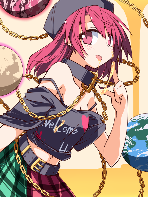 1girl belt black_bra black_shirt blush bra bra_strap breasts cleavage clothes_writing collar cowboy_shot earth_(ornament) from_side gold_chain hat hecatia_lapislazuli hemogurobin_a1c honey looking_at_viewer looking_to_the_side midriff moon_(ornament) multicolored_skirt off-shoulder_shirt red_eyes redhead shirt short_hair short_sleeves solo tongue tongue_out touhou underwear