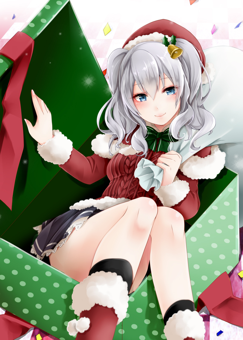 1girl ankle_boots bell black_legwear blue_eyes blue_skirt blush boots bow bowtie box carrying_over_shoulder checkered checkered_floor confetti fur_trim green_bow green_bowtie hair_bell hair_between_eyes hair_ornament in_box in_container kantai_collection kashima_(kantai_collection) long_sleeves looking_at_viewer okatsukisei open_box over_shoulder red_boots red_ribbon ribbon sack santa_costume short_hair silver_hair skirt smile socks solo sweater thighs two_side_up