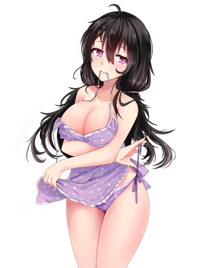 apron beifeng_han black_hair breast_hold breasts cleavage collarbone colored_eyelashes embarrassed large_breasts looking_at_viewer mouth_hold naked_apron original panties purple_panties sideboob thighs twintails underwear violet_eyes wavy_hair