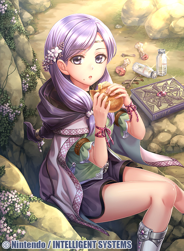 1girl apple book boots bottle bread cape eating fire_emblem fire_emblem:_souen_no_kiseki fire_emblem_cipher flower food fruit fumi_(butakotai) hair_flower hair_ornament ilyana long_hair official_art open_mouth purple_hair rock sitting solo twintails violet_eyes