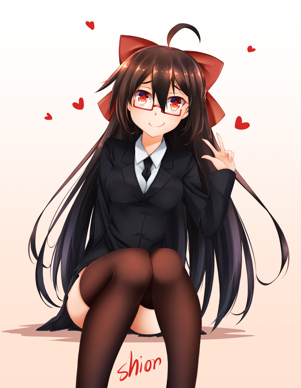 1girl ahoge between_breasts black_hair bow brown_eyes brown_hair character_name glasses gradient_hair hair_bow healther heart highres long_hair looking_at_viewer multicolored_hair necktie necktie_between_breasts original red-framed_glasses semi-rimless_glasses sitting skirt smile solo thigh-highs under-rim_glasses uniform very_long_hair w
