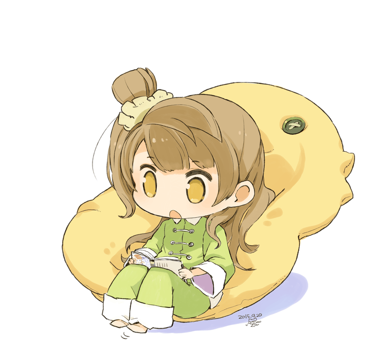 1girl :o book brown_eyes brown_hair chibi dated hair_ornament hair_scrunchie holding holding_book long_hair love_live!_school_idol_project minami_kotori mota one_side_up pajamas pillow reading scrunchie sitting solo