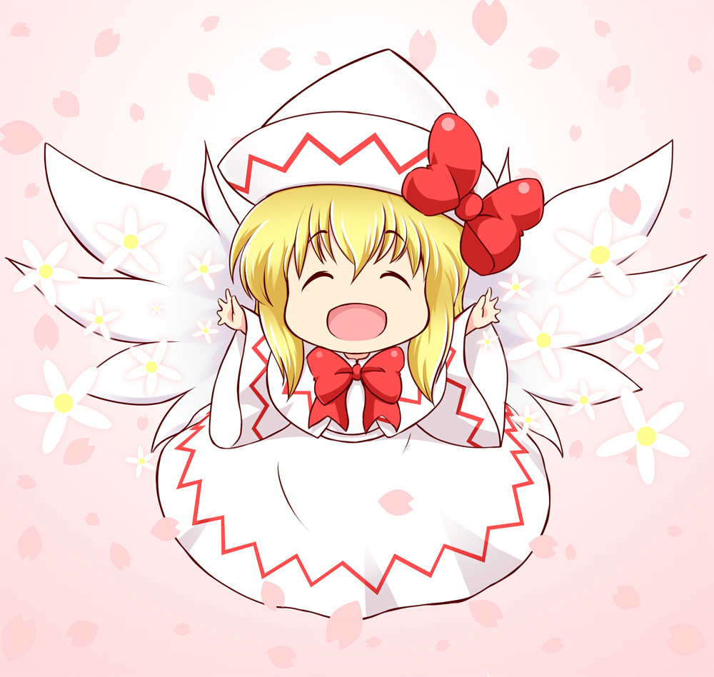 1girl blonde_hair bow chibi closed_eyes dress flower hat hat_bow lily_white long_hair mazume open_mouth outstretched_arms petals smile solo touhou wide_sleeves wings