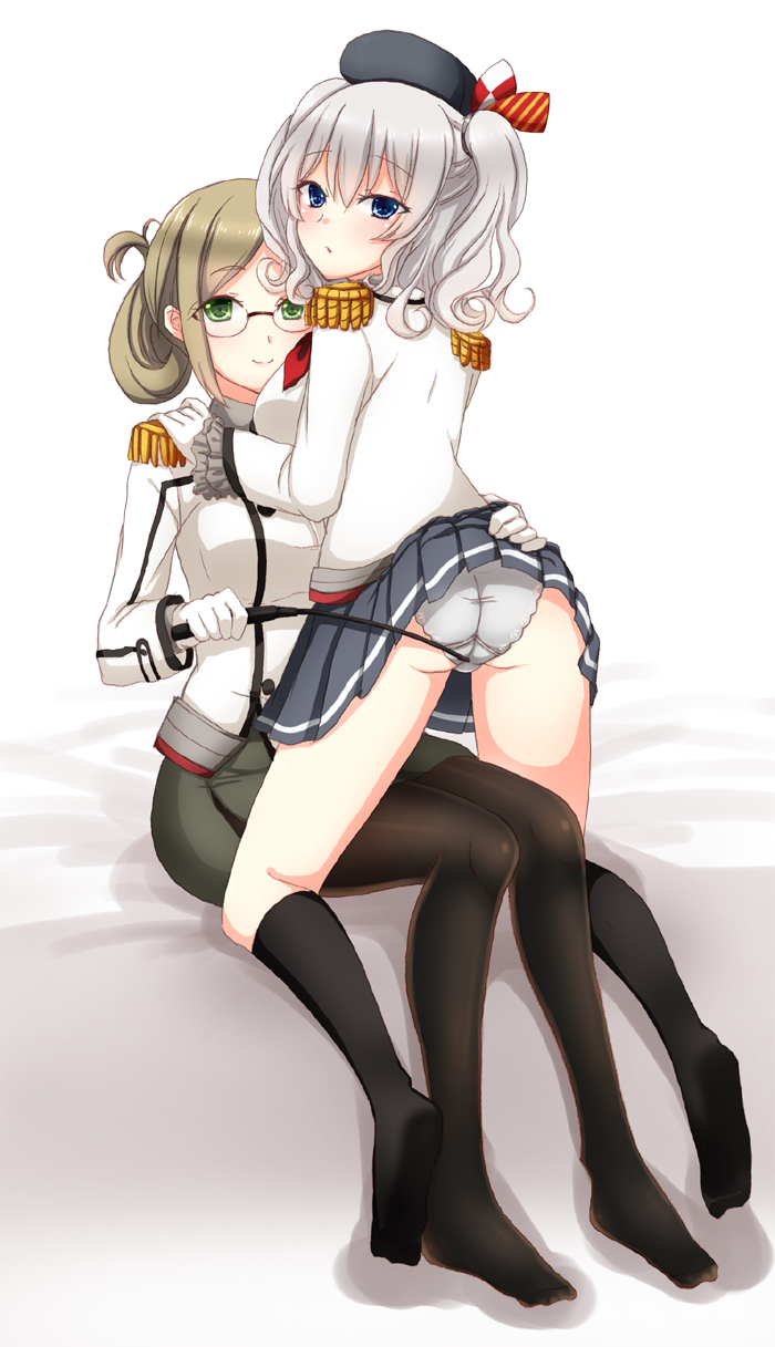 2girls bangs black_legwear blonde_hair blue_eyes breasts collared_shirt epaulettes folded_ponytail from_behind gloves green_eyes hand_on_another's_hip highres jacket kantai_collection kashima_(kantai_collection) katori_(kantai_collection) kneehighs looking_at_viewer miniskirt multiple_girls panties pantyhose pantyshot parted_bangs pencil_skirt pouty_lips riding_crop shirt silver_hair sitting sitting_on_lap sitting_on_person skirt skirt_lift smile sotogawa_max twintails underwear white_gloves white_panties
