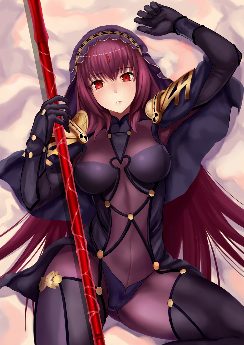 1girl ass_visible_through_thighs bangs bodysuit circlet fate/grand_order fate_(series) forehead_jewel gae_bolg gem gloves holding_weapon jilllxlxl long_hair looking_at_viewer lying on_back panties parted_lips polearm purple_hair scathach_(fate/grand_order) solo spaulders spear thigh-highs underwear veil very_long_hair weapon
