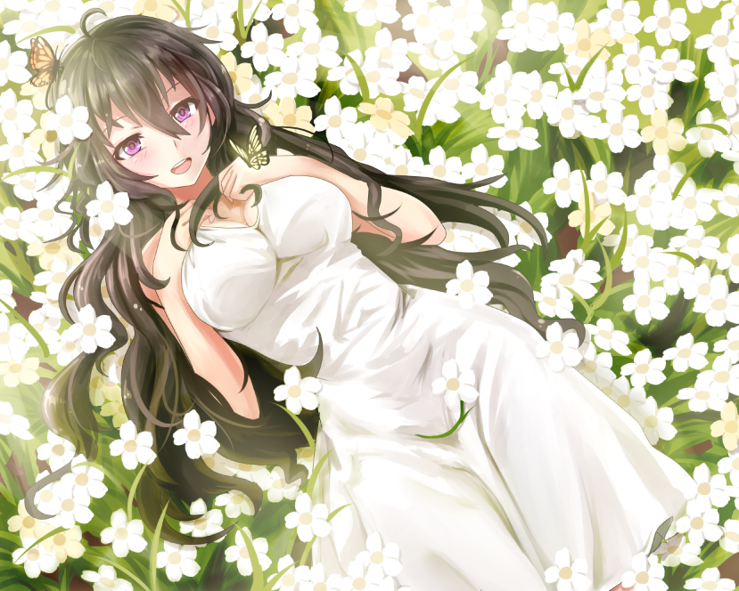 1girl ahoge antenna_hair bare_shoulders beifeng_han black_hair breasts butterfly butterfly_on_hand butterfly_on_head cleavage dress field flower flower_field hair_between_eyes hands_on_own_chest large_breasts long_hair looking_at_viewer lying on_back open_mouth original skirt solo violet_eyes wavy_hair white_dress