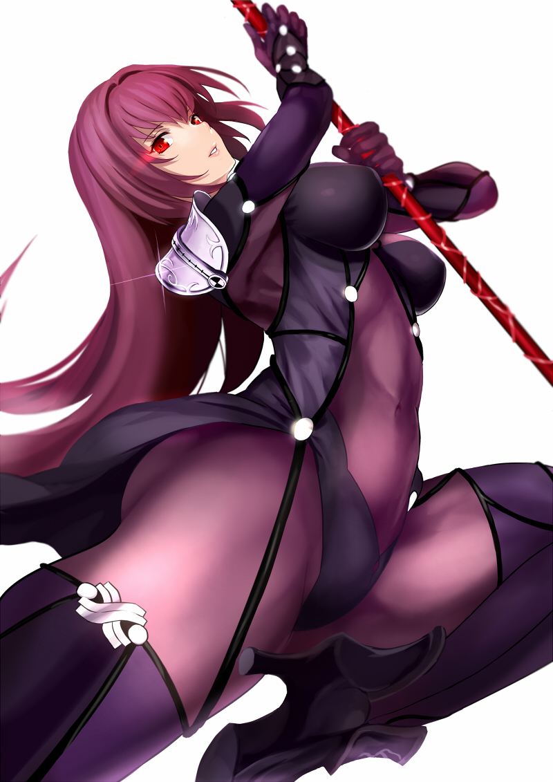 1girl ass bangs bodysuit breasts covered_navel fate/grand_order fate_(series) from_side gae_bolg gloves glowing glowing_eyes hair_intakes high_heels holding_weapon jilllxlxl long_hair looking_at_viewer parted_lips polearm purple_hair red_eyes scathach_(fate/grand_order) simple_background solo spaulders spear thigh-highs very_long_hair weapon white_background