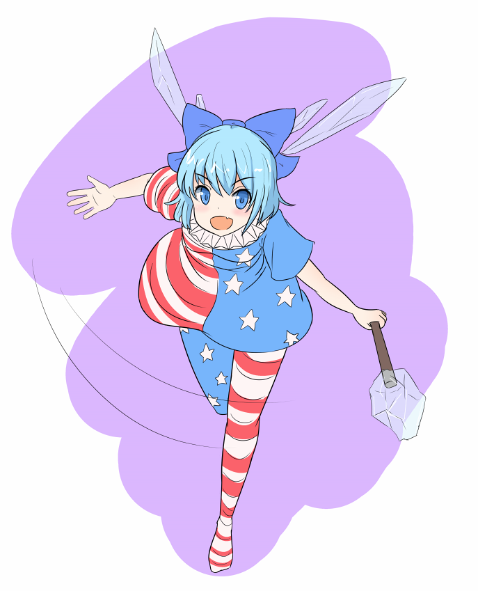 1girl ajia_(otya3039) american_flag_legwear american_flag_shirt blue_eyes blue_hair blush bow cirno clownpiece clownpiece_(cosplay) hair_bow ice ice_wings looking_at_viewer open_mouth pantyhose short_hair short_sleeves simple_background sketch stick touhou wings