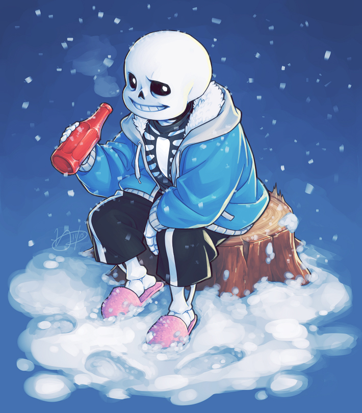 1boy frostious holding_bottle hoodie looking_at_viewer sans shorts sitting skeleton slippers snowing solo tagme undertale