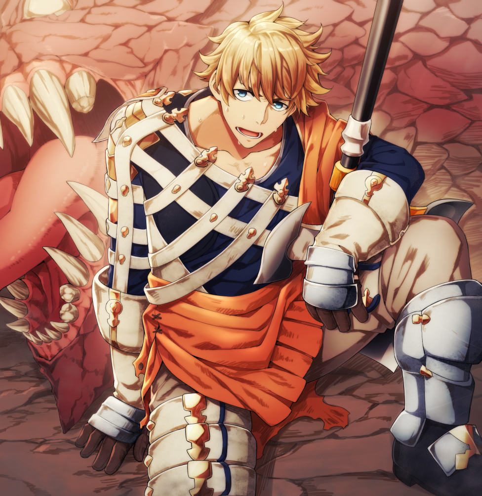 1boy armor axe blonde_hair blue_eyes blue_shirt boots brown_gloves brown_pants collarbone exhausted gauntlets gloves granblue_fantasy hair_between_eyes knee_boots long_sleeves monster open_mouth pants scales shirt shoulder_pads sitting solo stone_floor sweat sweatdrop teeth tkhs vane_(granblue_fantasy) weapon