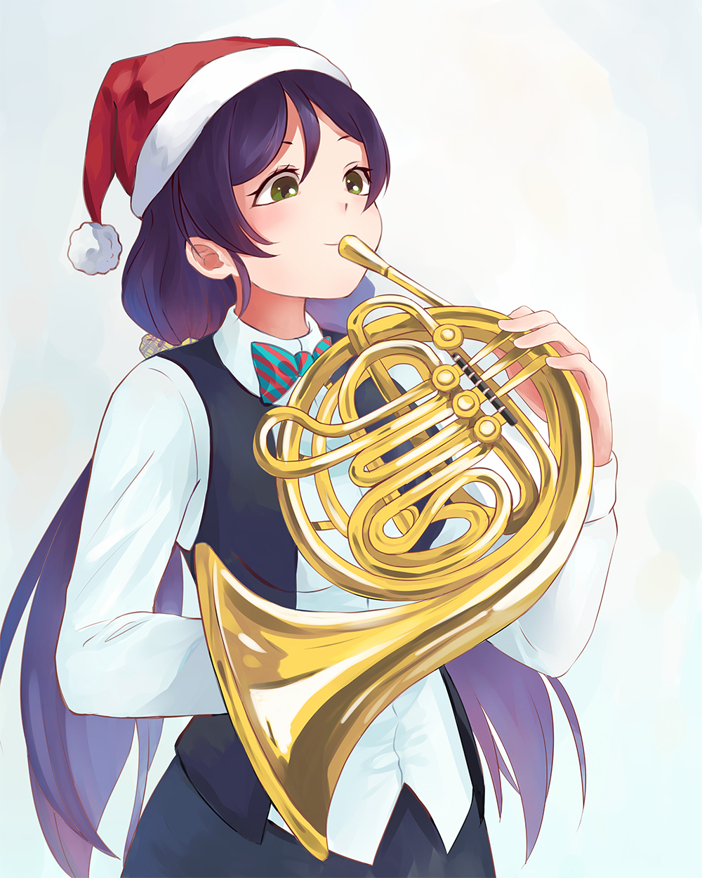 blush dress french_horn green_eyes long_hair love_live!_school_idol_project low_twintails music santa_hat toujou_nozomi twintails violet_hair
