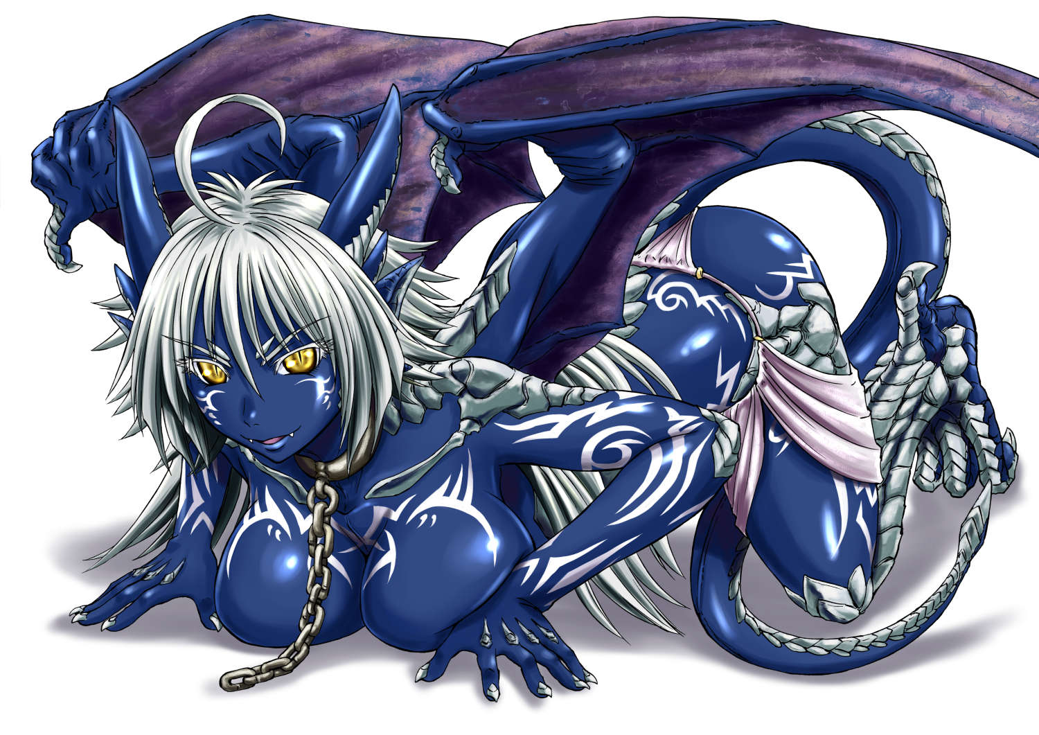 1girl blue_skirt breasts chain cleavage dragon_girl dragon_horns dragon_tail dragon_wings fangs full_body_tattoo gate_-_jieitai_ka_no_chi_nite_kaku_tatakaeri giselle_(gate) horns looking_at_viewer parted_lips pointy_ears sao_satoru short_hair skirt slit_pupils smile solo tail tattoo white_hair wings yellow_eyes