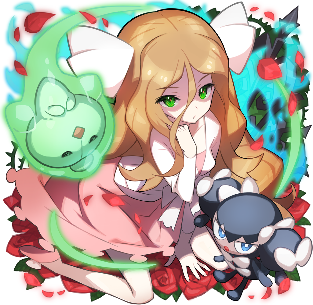 1girl arm_support blonde_hair cattleya_(pokemon) duosion flower from_above full_body gothorita green_eyes hair_between_eyes hair_ornament hand_on_own_chest long_hair looking_at_viewer petals pokemon pokemon_(creature) pokemon_(game) pokemon_bw pokemon_dppt red_rose rose rose_petals saitou_naoki sitting thorns very_long_hair wariza