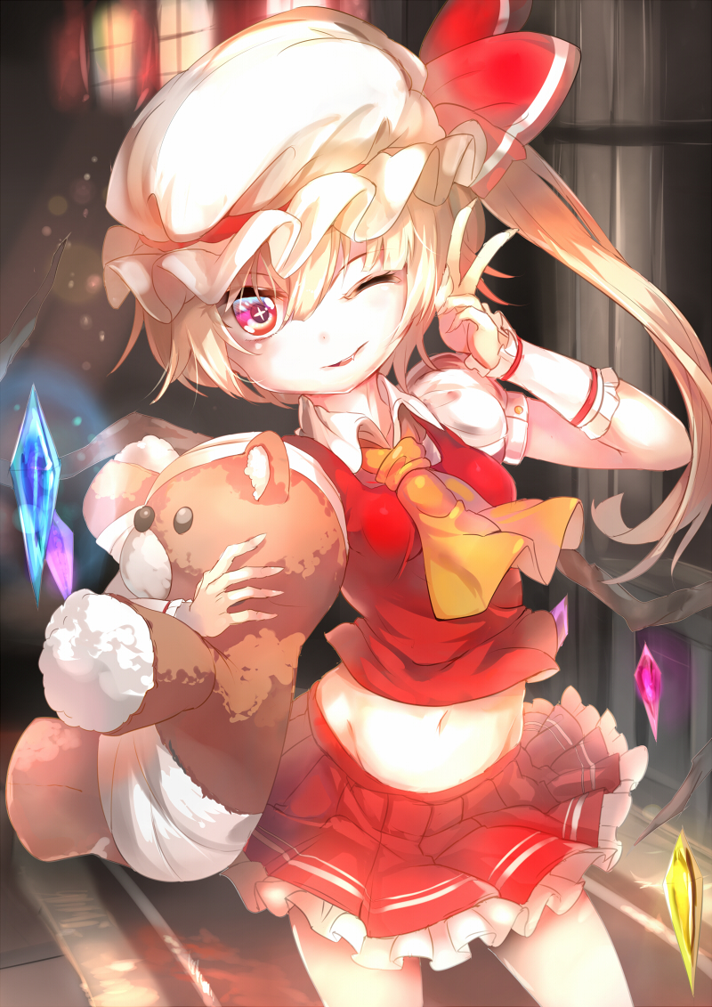 +_+ 1girl ascot bandages bow contrapposto cowboy_shot fang flandre_scarlet hat hat_bow long_hair looking_at_viewer midriff mob_cap navel one_eye_closed pose puffy_short_sleeves puffy_sleeves red_eyes revision shirt short_sleeves side_ponytail skirt skirt_set smile solo stuffed_animal stuffed_toy symbol-shaped_pupils teddy_bear touhou umagenzin v vest wings wrist_cuffs