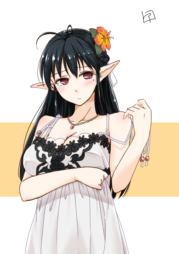 1girl antenna_hair bare_shoulders black_hair blush breasts collarbone elf flower jewelry large_breasts long_hair mole mole_under_eye necklace pale_skin pointy_ears red_eyes shimotsuki_iko solo