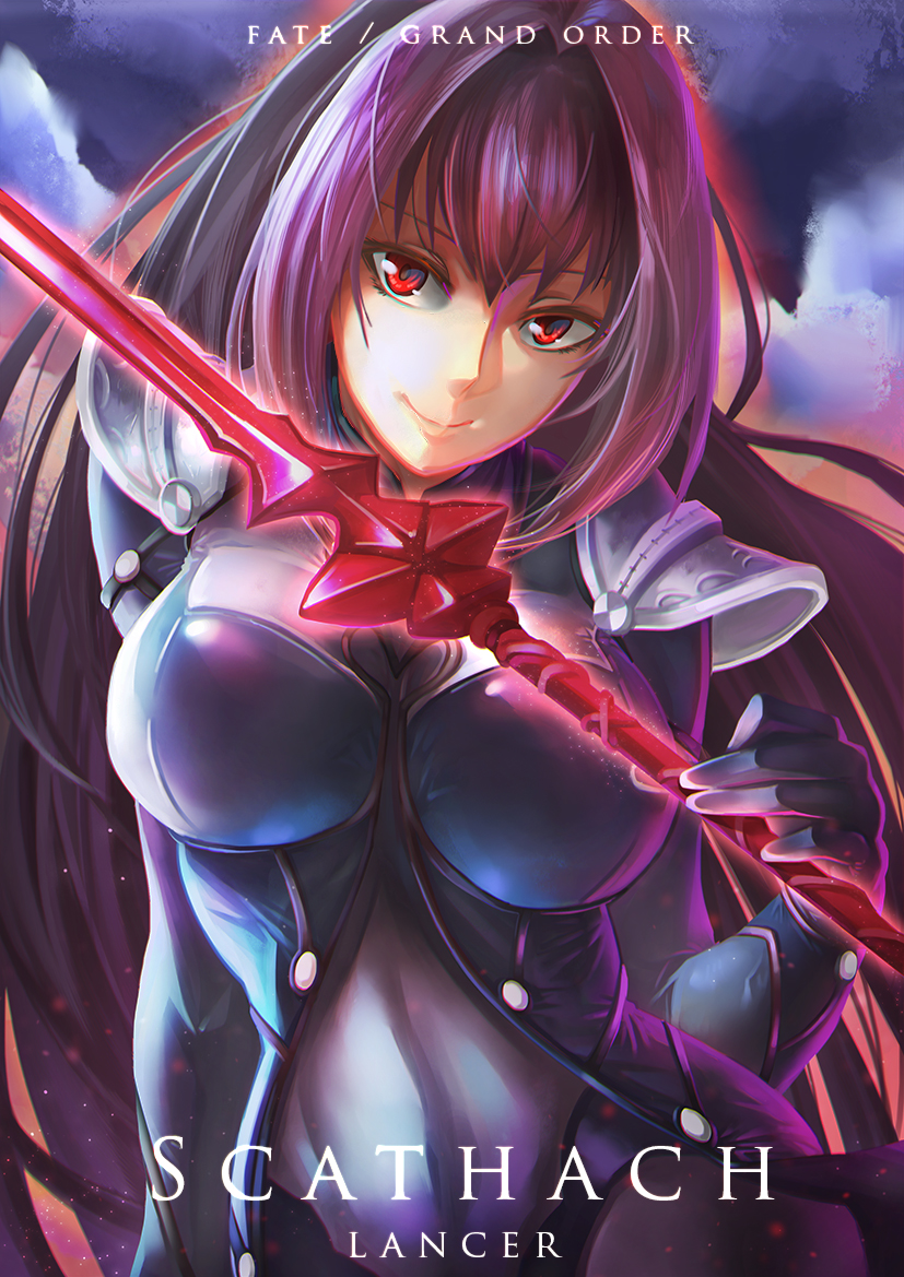 1girl bodysuit fate/grand_order fate_(series) gae_bolg long_hair pauldrons polearm purple_hair red_eyes scathach_(fate/grand_order) smile solo spear upper_body weapon yamato_(genesisace)