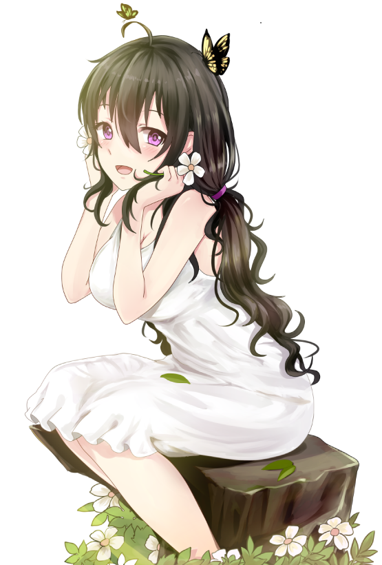 1girl :d animal antennae bare_arms beifeng_han blush breasts brown_hair butterfly cleavage dress flower hair_ribbon holding holding_flower insect long_hair looking_at_viewer low_twintails miyaura_sanshio open_mouth original ribbon skirt smile solo tree_stump twintails very_long_hair violet_eyes white_dress