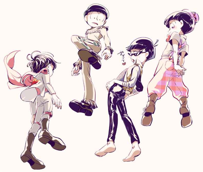 4boys 720_72 alternate_costume bellbottoms black_hair brothers fishnet_top fishnets from_below hat heart jacket knee_pads leather leather_pants looking_down male_focus matsuno_choromatsu matsuno_karamatsu matsuno_osomatsu matsuno_todomatsu mini_top_hat multiple_boys osomatsu-kun osomatsu-san pants scarf siblings sunglasses suspenders top_hat triangle_mouth vest white_background