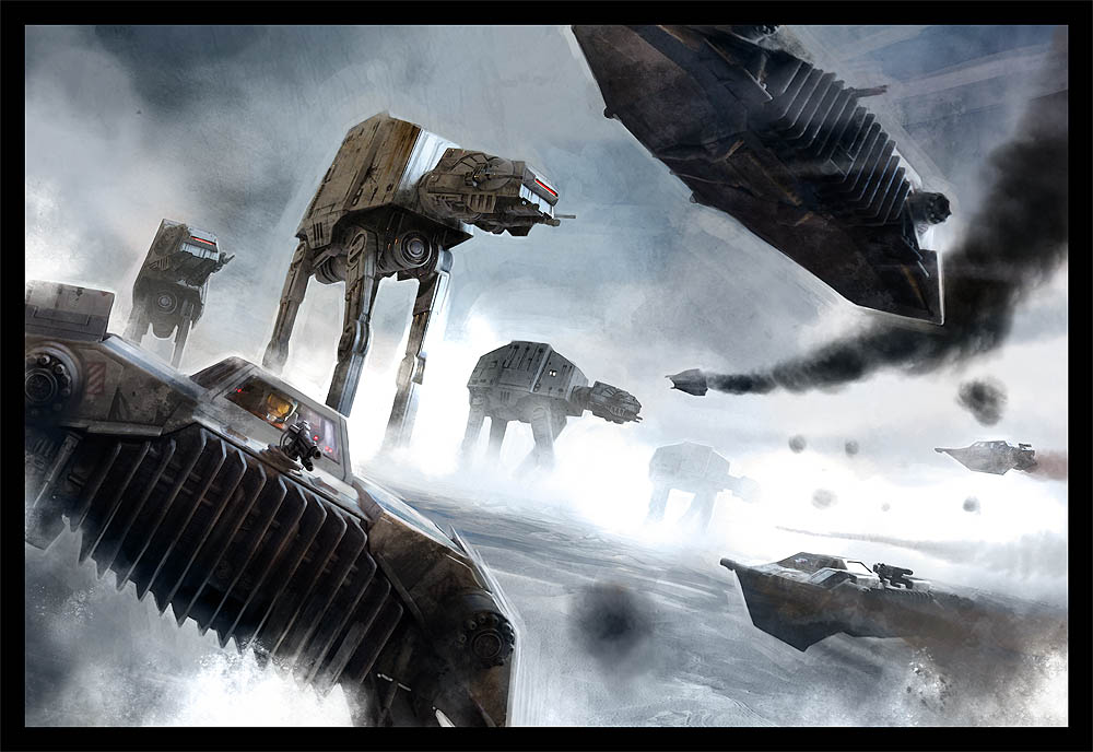 artist_request at-at battle battle_of_hoth canopy clouds cockpit dutch_angle energy_cannon epic flying galactic_empire goggles helmet hoth mecha pilot_suit realistic rebel_alliance rebel_pilot science_fiction smoke snow snowspeeder source_request space_craft star_wars starfighter walker