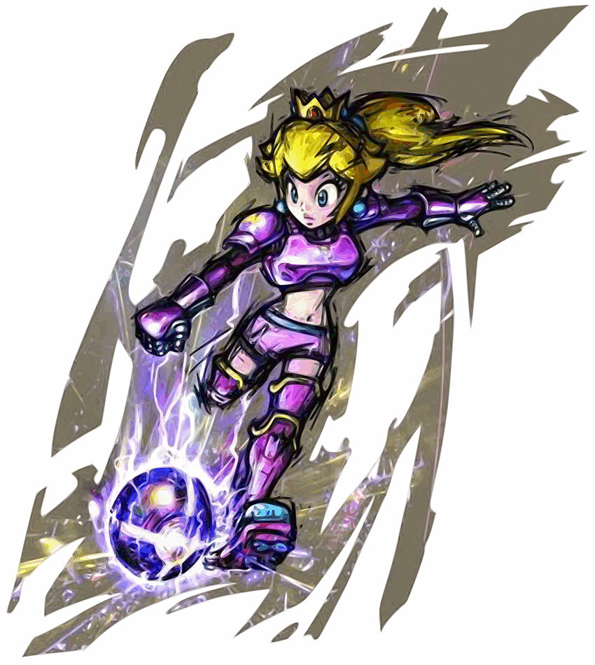 1girl armor ball blonde_hair blue_eyes breastplate cleats clenched_hand crown earrings electricity energy flipped_hair gauntlets greaves imminent_kick jewelry long_hair super_mario_bros. mario_strikers_charged masanori_sato midriff navel official_art outstretched_arm pauldrons ponytail princess_peach shorts sidelocks soccer solo
