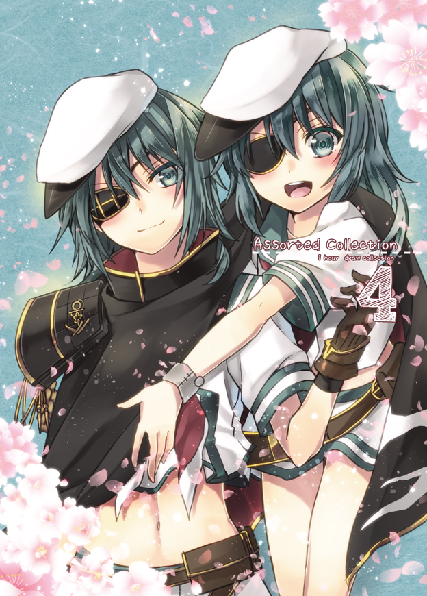 2girls anchor_symbol bag belt brown_gloves camouflage cape cover cover_page doujin_cover dual_persona eyepatch fanny_pack flower gloves green_eyes green_hair hair_between_eyes hat kantai_collection kiso_(kantai_collection) looking_at_viewer multiple_girls navel open_mouth pauldrons petals remodel_(kantai_collection) school_uniform serafuku short_hair short_sleeves smile uniform yuihira_asu