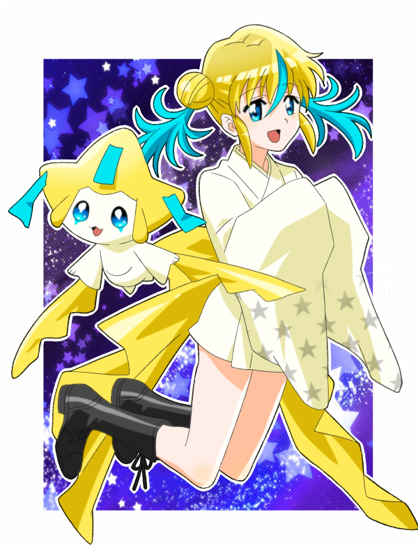 1girl black_footwear blonde_hair blue_eyes blue_hair double_bun female jirachi lvilve multicolored_hair open_mouth personification pokemon pokemon_(creature) two-tone_hair