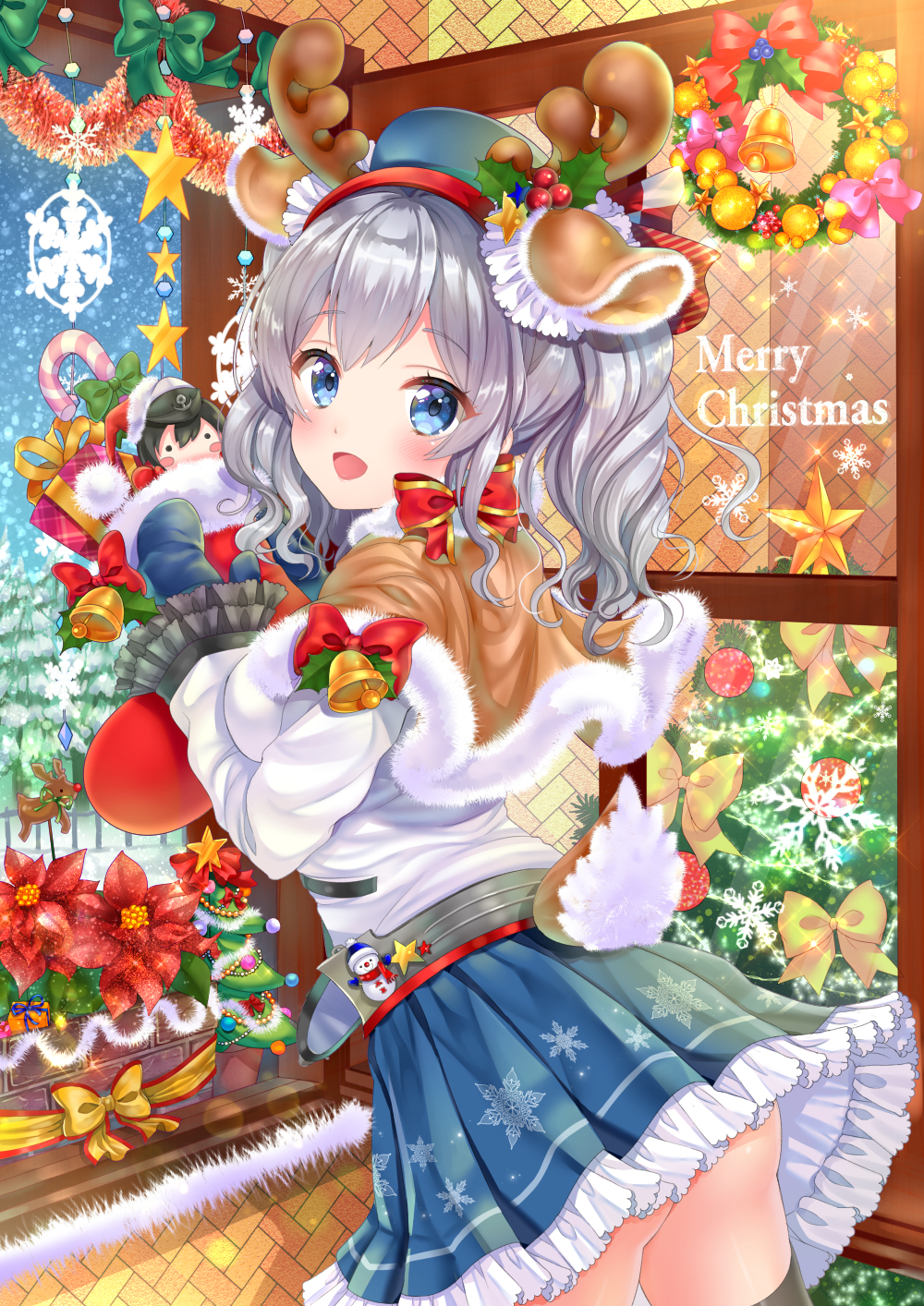 1girl adapted_costume anchor_symbol animal_ears antlers ass bangs bauble beads bell blue_eyes blue_skirt bow box breasts candy candy_cane character_doll character_request christmas christmas_ornaments christmas_stocking christmas_tree doll eyebrows eyebrows_visible_through_hair fake_animal_ears flower frilled_skirt frilled_sleeves frills fur_trim gift gift_box glass green_bow hairband hat highres kantai_collection kashima_(kantai_collection) large_breasts long_hair long_sleeves looking_at_viewer merry_christmas military military_uniform miniskirt mistletoe mittens moyon no_panties peaked_cap plant pleated_skirt poinsettia pom_pom_(clothes) potted_plant red_bow reindeer reindeer_antlers reindeer_ears reindeer_tail ribbon silver_hair skirt smile snowflake_print snowflakes snowing snowman solo tinsel tree twintails uniform upskirt yellow_ribbon