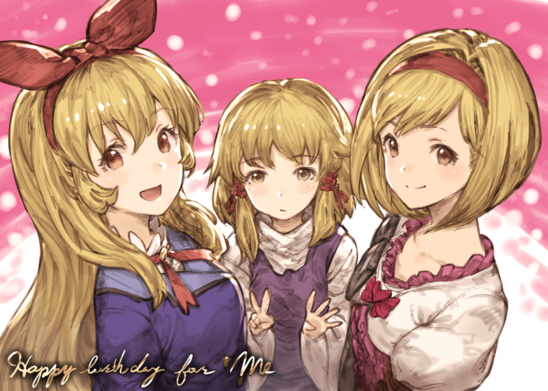 3girls aikatsu! benitama birthday blonde_hair blush brown_eyes crossover djeeta_(granblue_fantasy) dress fighter_(granblue_fantasy) granblue_fantasy hair_ornament hair_ribbon hairband happy_birthday hoshimiya_ichigo long_hair long_sleeves looking_at_viewer moriya_suwako multiple_girls no_hat open_mouth puffy_sleeves red_eyes ribbon shirt short_hair side_ponytail skirt skirt_set smile text touhou turtleneck upper_body v vest wide_sleeves