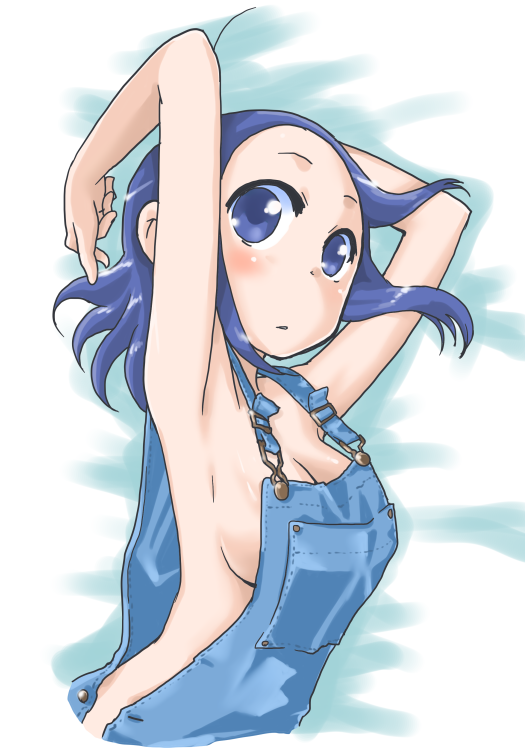 1girl armpits blue_eyes blue_hair breasts kazoku_game long_hair naked_overalls overalls sideboob solo suzushiro_seri yusa_aoi_(kazoku_game)