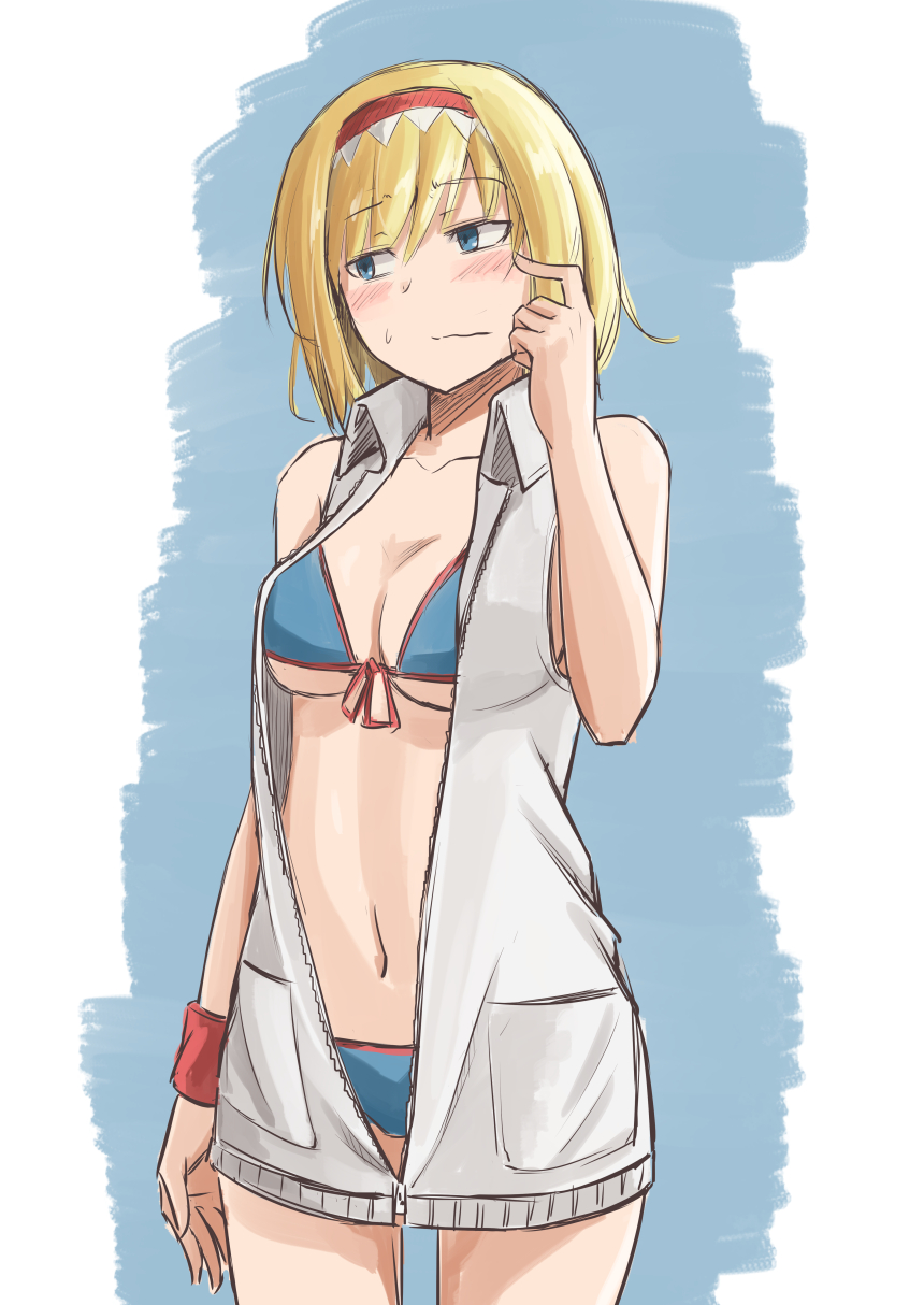 1girl alice_margatroid bikini blonde_hair blue_bikini blue_eyes blush breasts cowboy_shot front-tie_top hairband highres jacket looking_away m92fs scratching_cheek short_hair sleeveless solo swimsuit swimsuit_under_clothes touhou unzipped wavy_mouth