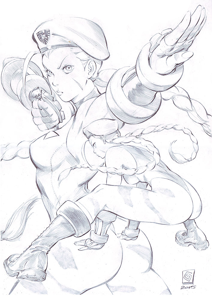 1girl braid cammy_white capcom fingerless_gloves garrison_cap gloves hat highleg highleg_leotard leotard long_hair looking_at_viewer manos_lagouvardos monochrome pose scar skin_tight solo street_fighter twin_braids white_background