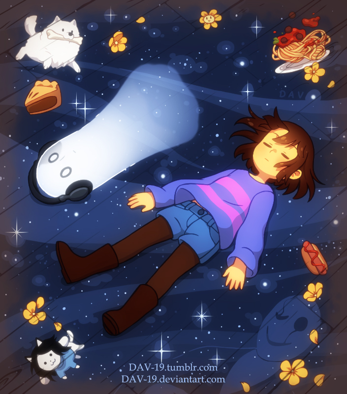 1girl androgynous annoying_dog artist_name bone boots brown_boots brown_hair buttons closed_eyes dav-19 denim denim_shorts dog empty_eyes floating_hair flower food frisk_(undertale) full_body ghost headphones hot_dog knee_boots long_sleeves lying mouth_hold napstablook o_o on_back pantyhose pasta purple_shirt shirt short_hair shorts sleeping slice_of_cake spaghetti sparkle temmie undertale w.d._gaster watermark web_address white_fur wooden_floor