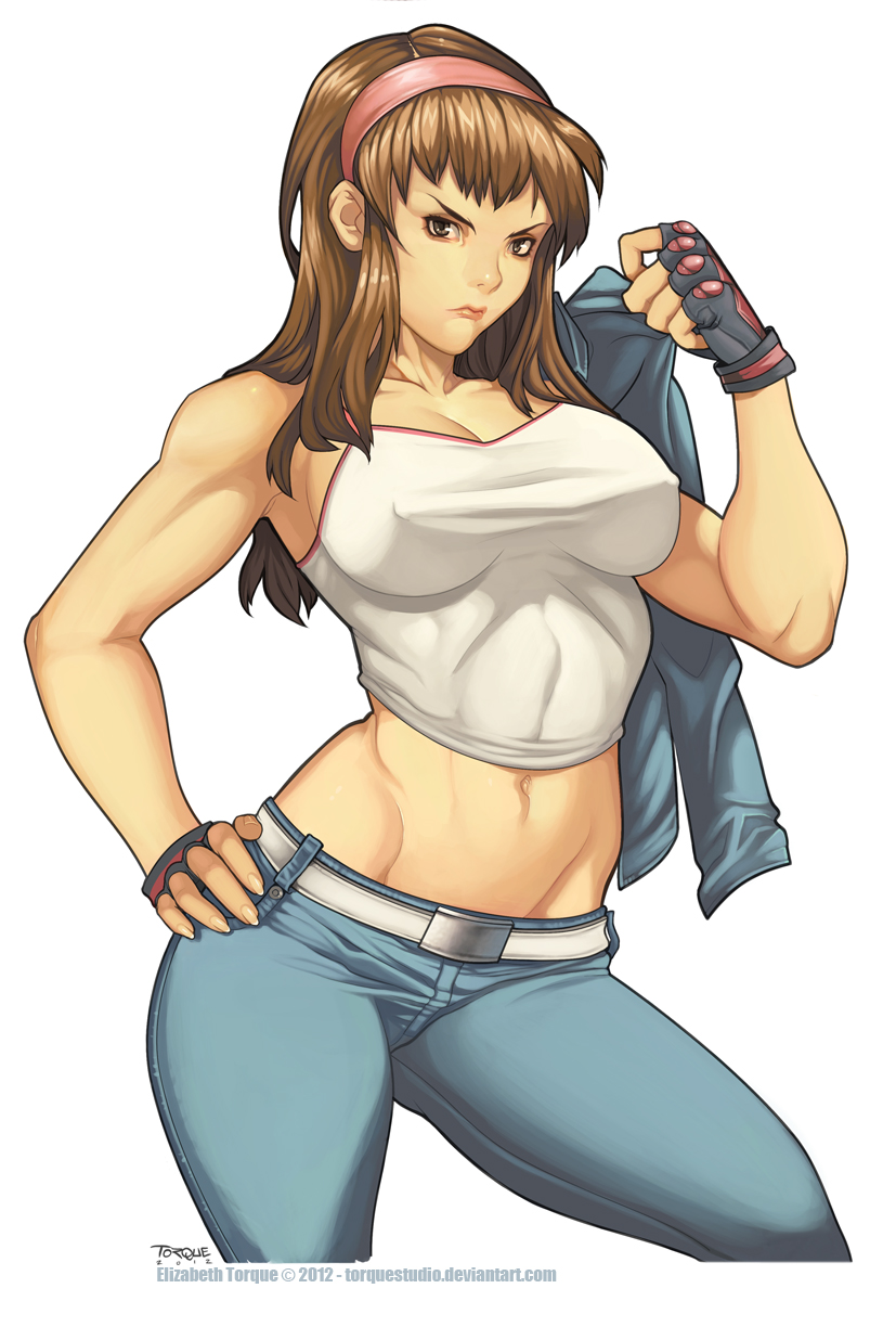 1girl breasts brown_hair cleavage clenched_hand covered_nipples dead_or_alive denim elizabeth_torque eyebrows grey_eyes hairband hand_on_hip highres hitomi_(doa) jacket jacket_on_shoulders jacket_removed jeans large_breasts long_hair midriff navel pants sidelocks solo taut_clothes toned