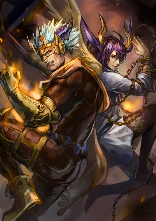 2boys aqua_hair back-to-back belt boots chain clenched_hand elbow_gloves embers facial_hair gloves green_eyes horns lightning_bolt loki_(p&amp;d) long_hair lotus_(elico) mask mjolnir multiple_boys purple_hair puzzle_&amp;_dragons scarf stubble thor_(p&amp;d) wings yellow_gloves