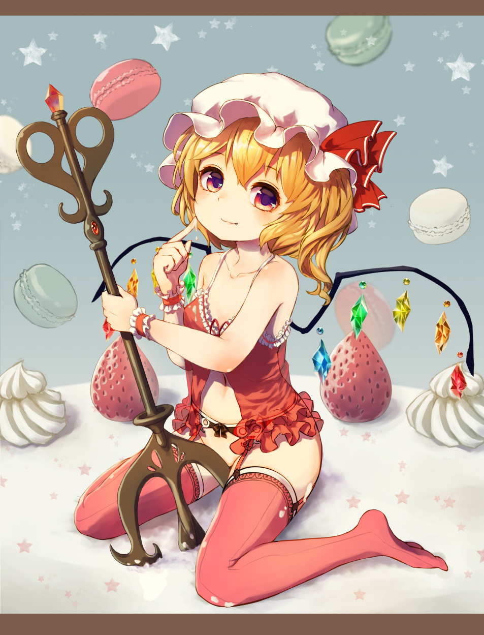 1girl bare_shoulders blonde_hair blush cake camisole collarbone convenient_censoring cream crystal demon_wings dripping fang finger_to_cheek flandre_scarlet food frills fruit garter_belt garter_straps gem groin hat highres jewelry looking_at_viewer mob_cap navel no_panties pyonsuke_(pyon2_mfg) red_eyes red_legwear ruby_(stone) short_hair sitting small_breasts smile solo spaghetti_strap staff star stomach strawberry thigh-highs touhou vampire wand wariza wings wrist_cuffs