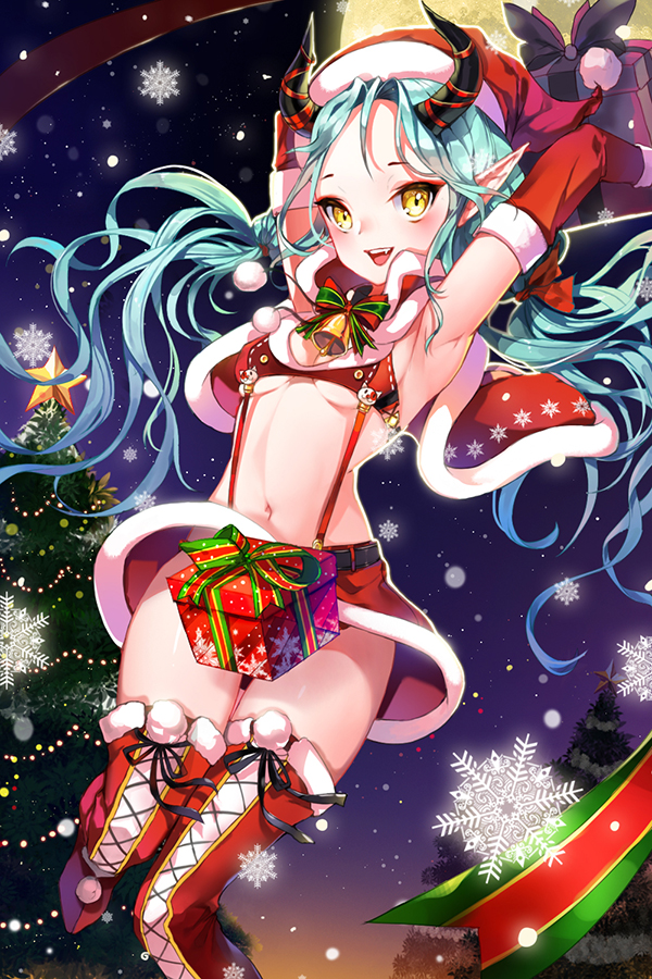1girl :d belt blue_hair blush boots breasts christmas_tree elbow_gloves gift gloves horns long_hair midriff navel open_mouth pointy_ears skirt smile snowflakes solo sword_girls teeth thigh-highs thigh_boots under_boob yellow_eyes yumaomi