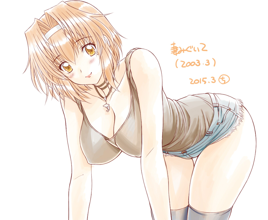 artist_name blush breasts brown_hair choker collarbone dated hair_intakes hanging_breasts jewelry kuroda_akimi lipstick makeup necklace nipples short_hair shorts simple_background tank_top thigh-highs white_background yellow_eyes