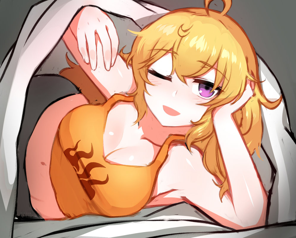 bean1215 blonde_hair blush breasts cleavage hand_on_own_head large_breasts long_hair one_eye_closed rwby under_blanket violet_eyes winking yang_xiao_long