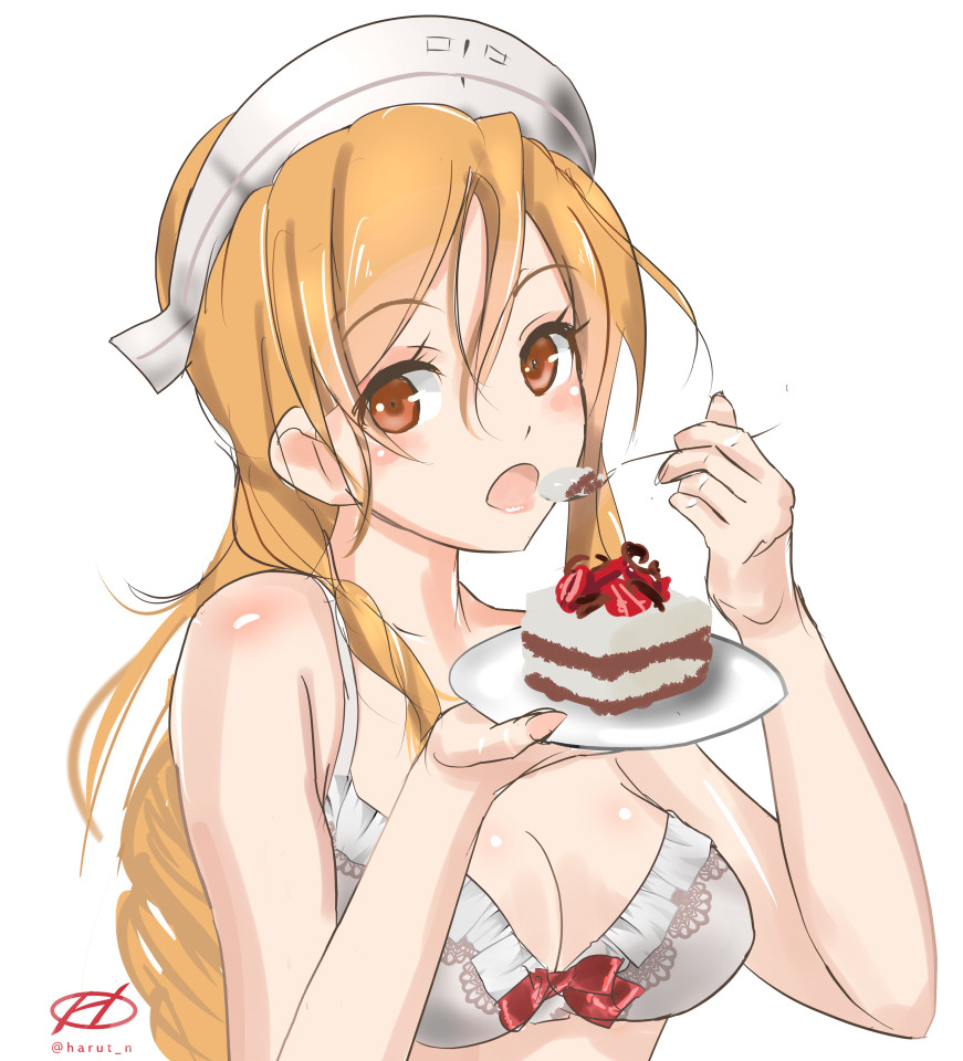 1girl alternate_costume bikini_top breasts brown_eyes brown_hair cake eating food hair_between_eyes harut_n italia_(kantai_collection) kantai_collection large_breasts littorio_(kantai_collection) long_hair looking_at_viewer ponytail solo upper_body wavy_hair